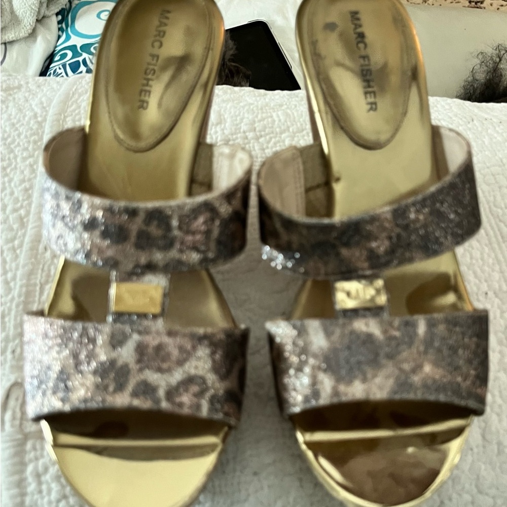 Marc Fisher Gold and Brown Glitter Sandals